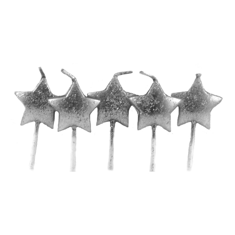 Silver Glitter Mini Star Candles - 5 Pkt