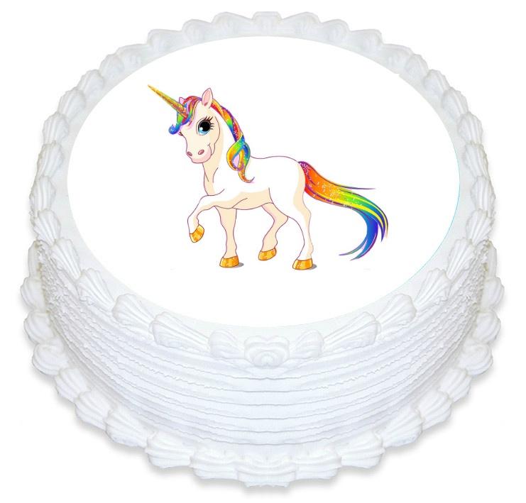 Rainbow Unicorn White Edible Cake Image