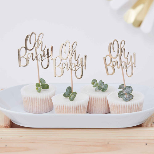 Ginger Ray | Gold Oh Baby Cupcake Toppers | Baby Shower Supplies
