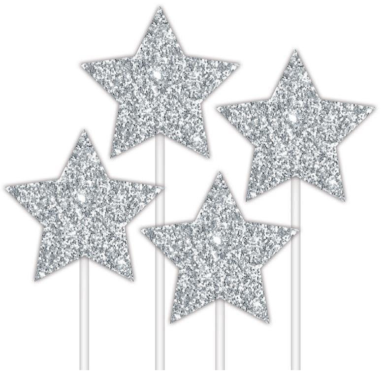 Silver Star Cake Toppers - 4 Pack